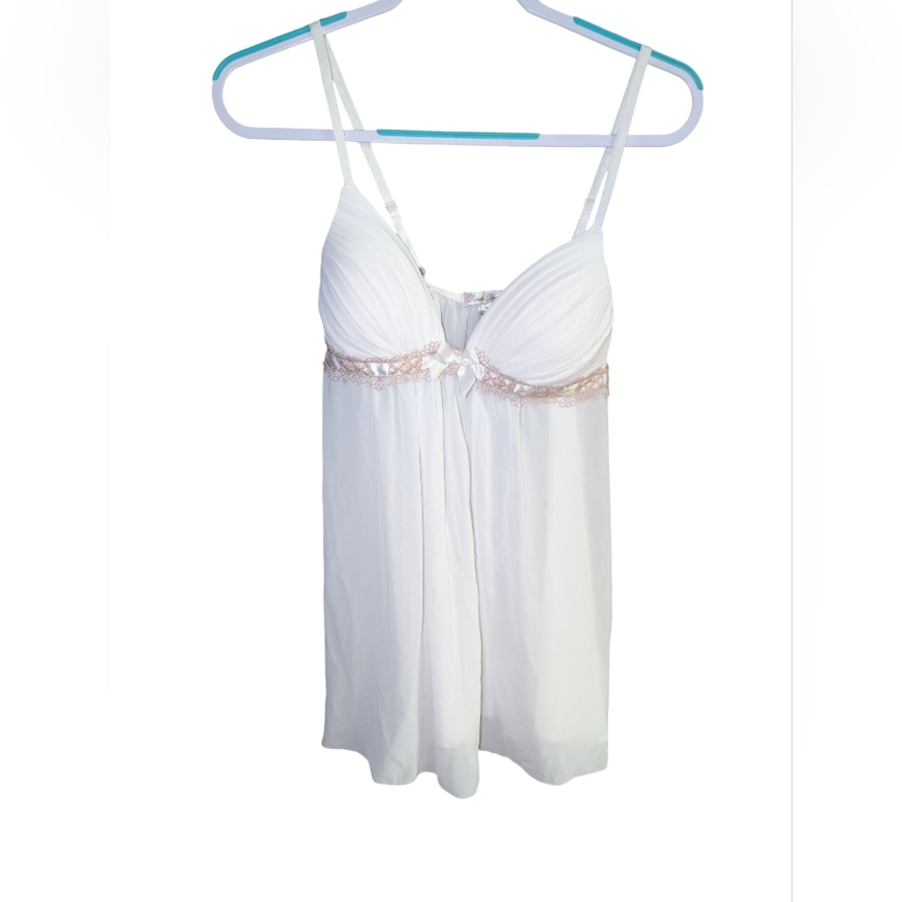 Linea Donatella White and Tan Babydoll Nightie Sheer Padded Cup Size Small